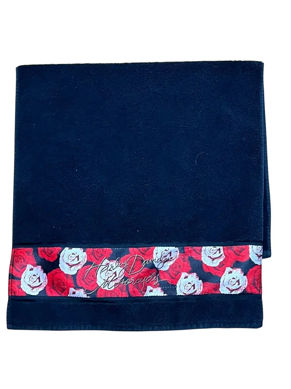 HARLEY DAVIDSON Black Bath Towel Red Roses Heart 23 x 47